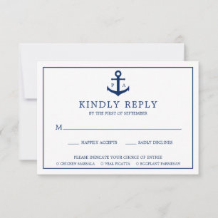 Navy Blue Anchor Monogram Nautical Wedding RSVP Karte