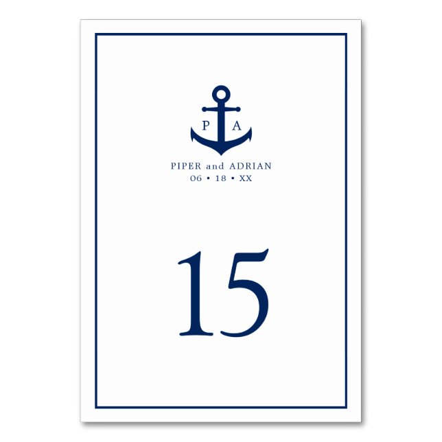 Navy Blue Anchor Monogram Nautical Wedding Tischnummer (Vorderseite)