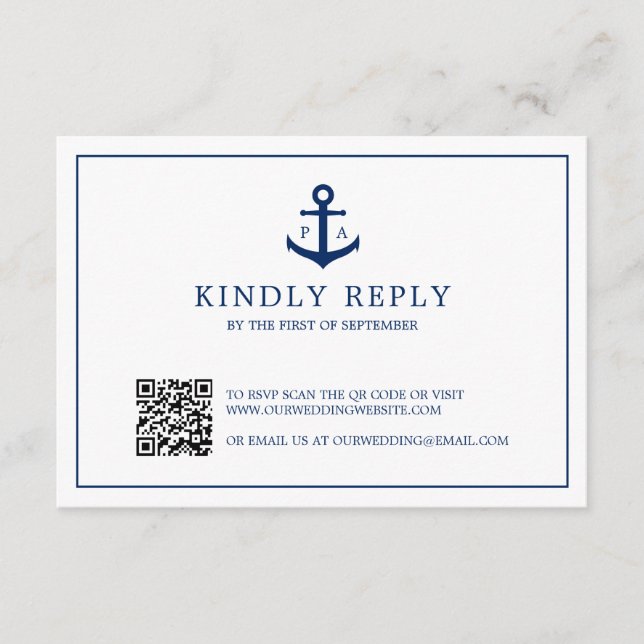 Navy Blue Anchor Monogram QR Code Nautical Wedding RSVP Karte (Vorderseite)