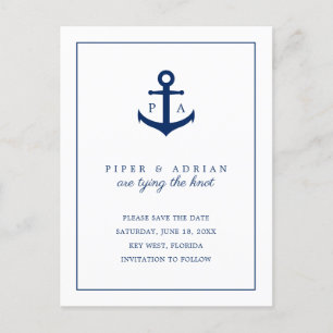 Navy Blue Anchor Monogram Save the Date Ankündigungspostkarte