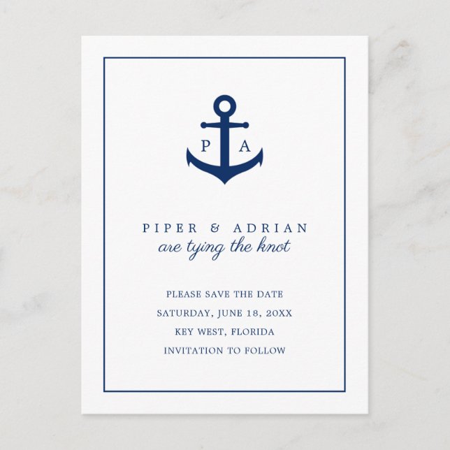 Navy Blue Anchor Monogram Save the Date Ankündigungspostkarte (Vorderseite)