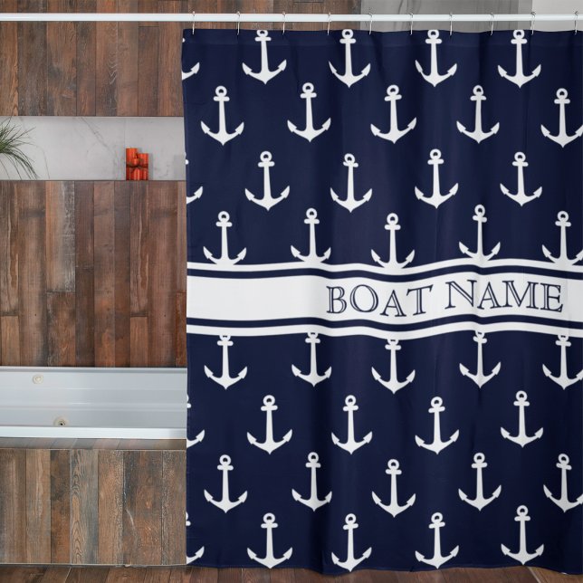 Navy Blue Anchor Muster Nautical Boat Name Duschvorhang (Von Creator hochgeladen)