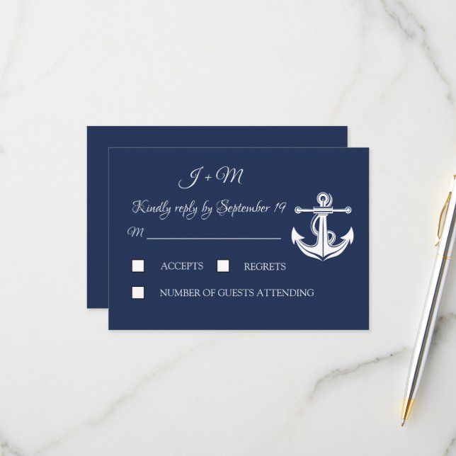 Navy Blue Anchor Nautical Elegante Summer UAWG RSVP Karte (Vorderseite/Rückseite Beispiel)