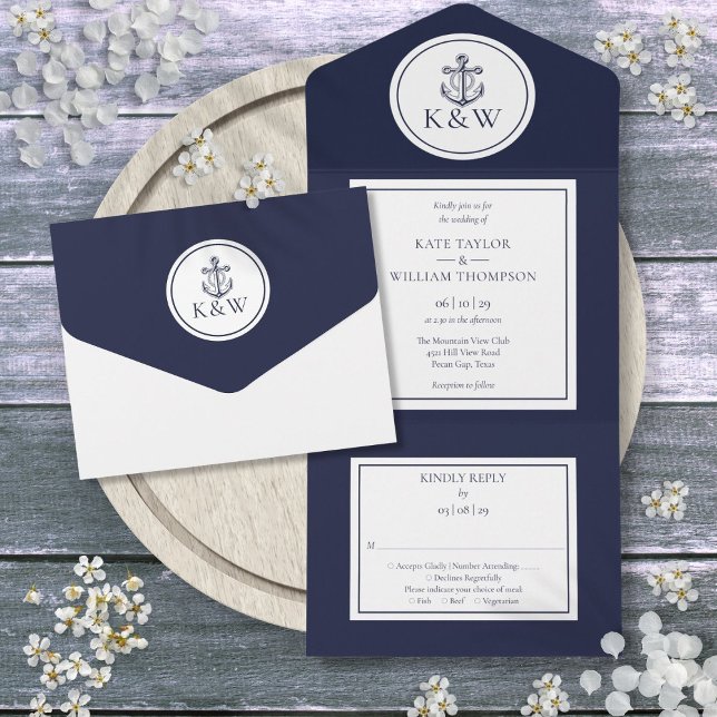 Navy Blue Anchor Nautical Wedding All In One Einladung (Navy Blue Anchor Nautical Wedding All In One Invitation)