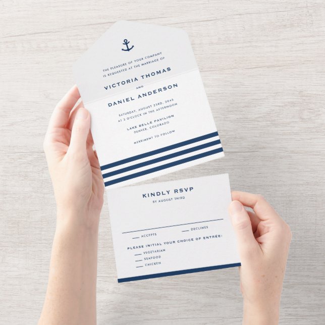 Navy Blue Anchor Nautical Wedding All In One Einladung (Abreißen)