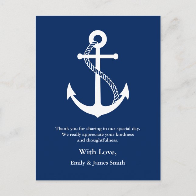 Navy Blue Anchor Nautical Wedding Vielen Dank Postkarte (Vorderseite)