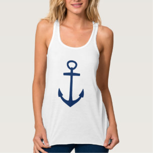 Navy Blue Anchor on White Tank Top