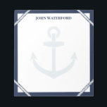 Navy Blue Anchor & Rope Nautic hinzufügen Notizblock<br><div class="desc">Nautisches Notizblock mit marineblau blauen Rändern, Details des weißen Seils, ein blass Anker und dein Name. Nehmen Sie Notizen und Dinge, um sich in diesem Anker-Thema Notizblock mit nautischen Farben und personalisiert mit Ihrem Namen zu merken. Ein Notizblock für den Kapitän in deinem Leben mit Seil, einem Anker und ihrem...</div>