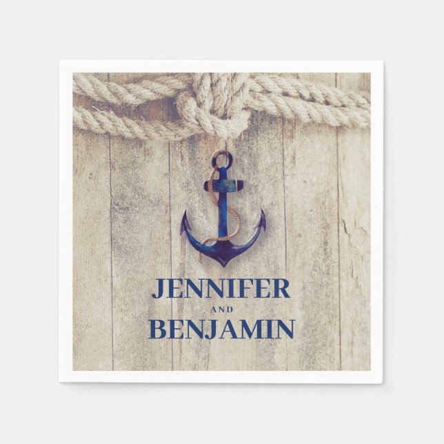 Navy Blue Anchor Rustic Driftwood Nautical Wedding Serviette (Vorderseite)