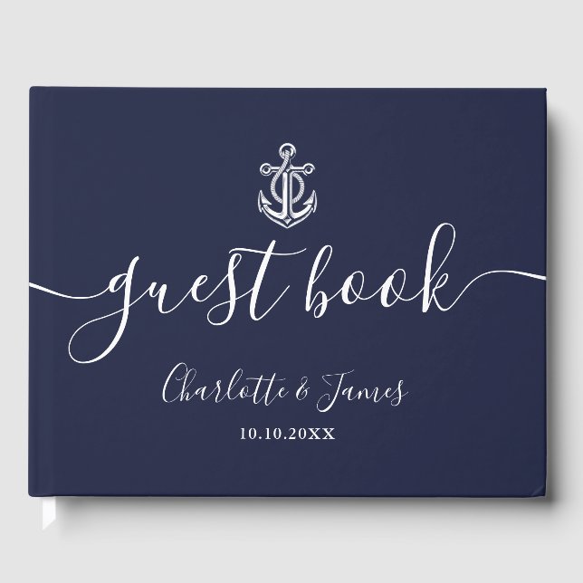 Navy Blue Anchor Script Nautical Wedding Gästebuch (Vorderseite)