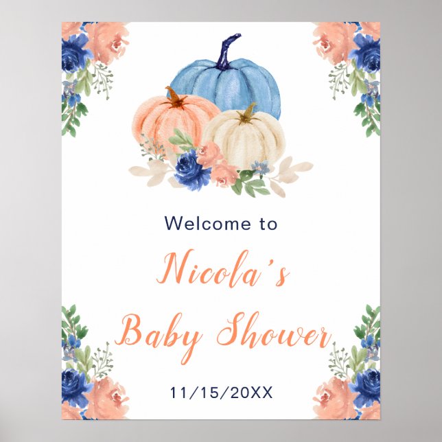 Navy Blue and Blush Floral Pumpkins Baby Dusche Poster (Vorne)