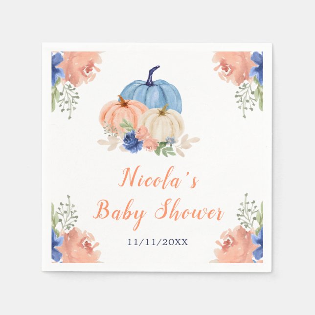 Navy Blue and Blush Floral Pumpkins Baby Dusche Serviette (Vorderseite)