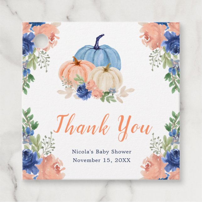 Navy Blue and Blush Floral Pumpkins Baby Shower Geschenkanhänger (Vorderseite)