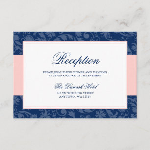 Navy Blue and Blush Pink Damask Swirl Empfang Begleitkarte