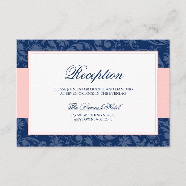 Navy Blue and Blush Pink Damask Swirl Empfang Begleitkarte (Vorderseite)