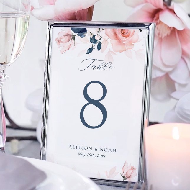 Navy Blue and Blush Pink floral Seating Table Card Tischnummer (Von Creator hochgeladen)