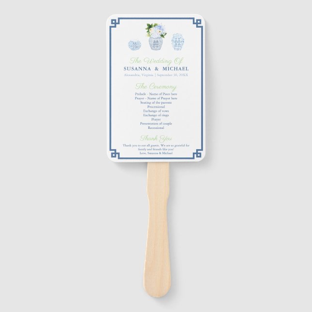 Navy Blue and Chartreuse Chinoiserie Chic Wedding Fächer (Vorderseite)