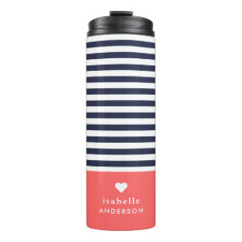 Navy Blue and Coral Chic Stripes Heft Monogram Thermosbecher