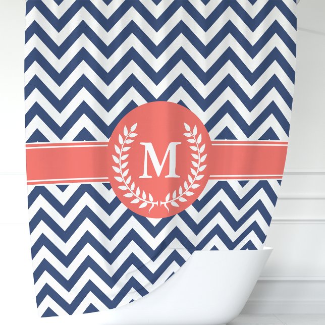 Navy Blue and Coral Zickzack Laurel Monogram Duschvorhang (Von Creator hochgeladen)