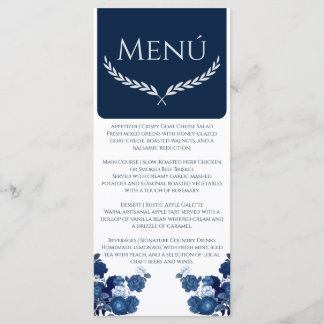 Navy Blue and Dusty Blue Floral Color Block Menu Menükarte