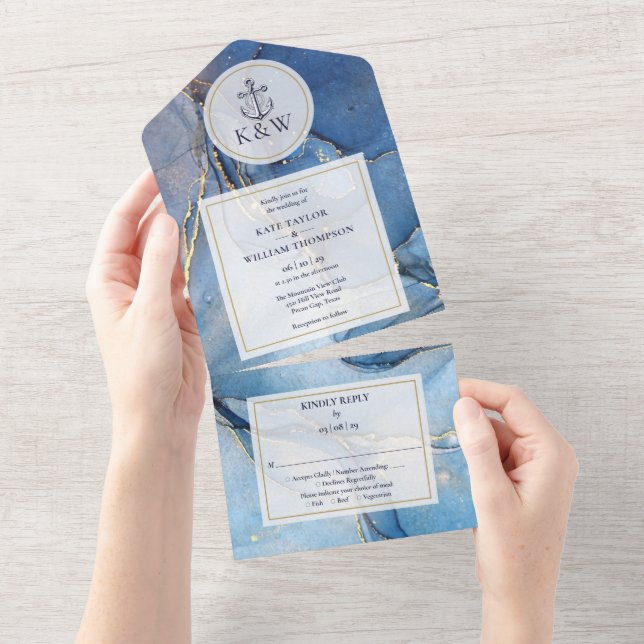 Navy Blue and Gold Agate Anchor Nautical Wedding All In One Einladung (Abreißen)