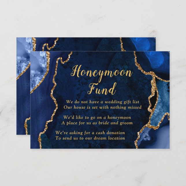 Navy Blue and Gold Agate Honeymoon Fund Begleitkarte (Vorne/Hinten)