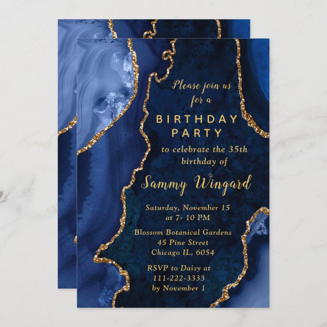 Navy Blue and Gold Agate Marble Birthday Party Einladung (Vorne/Hinten)