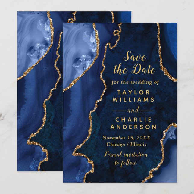 Navy Blue and Gold Agate Marble Save The Date Einladung (Vorne/Hinten)