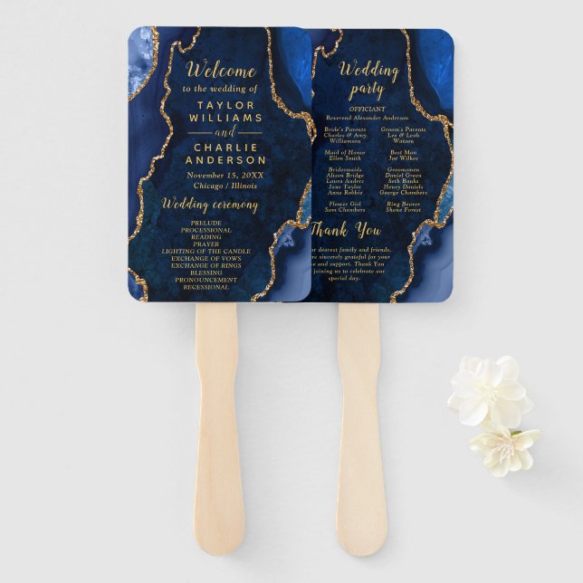 Navy Blue and Gold Agate Wedding Program Fächer (Vorne und Hinten)