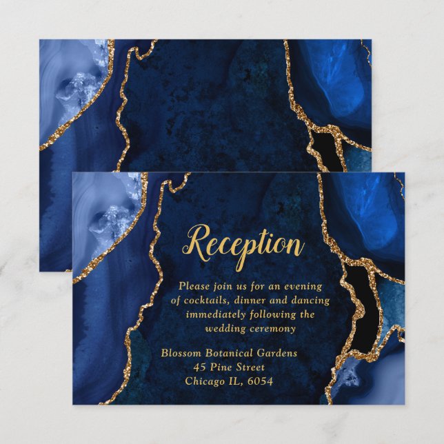 Navy Blue and Gold Agate Wedding Reception Begleitkarte (Vorne/Hinten)