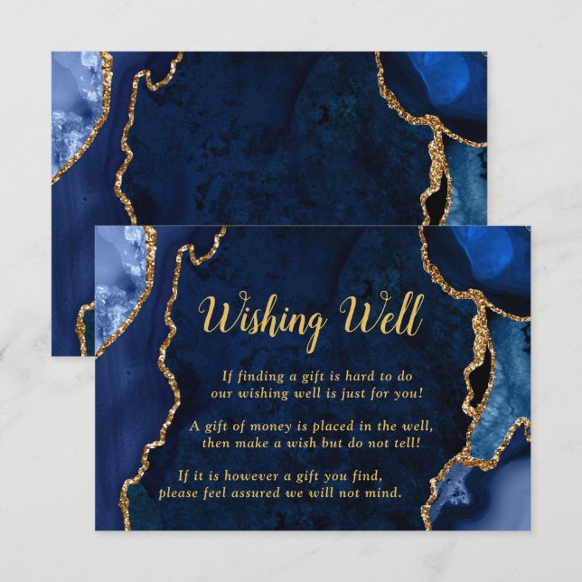 Navy Blue and Gold Agate Wedding Wishing Well Begleitkarte (Vorne/Hinten)