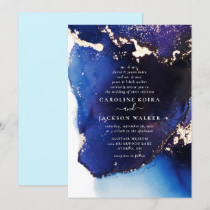 Navy Blue and Gold Alcohol Ink Wedding Einladung