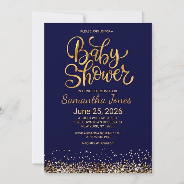 Navy Blue and Gold Baby Shower Invitation Einladung (Vorderseite)