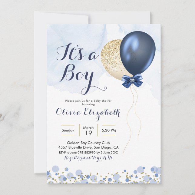 Navy Blue and Gold Balloon Baby Showdusche Einladung (Vorderseite)
