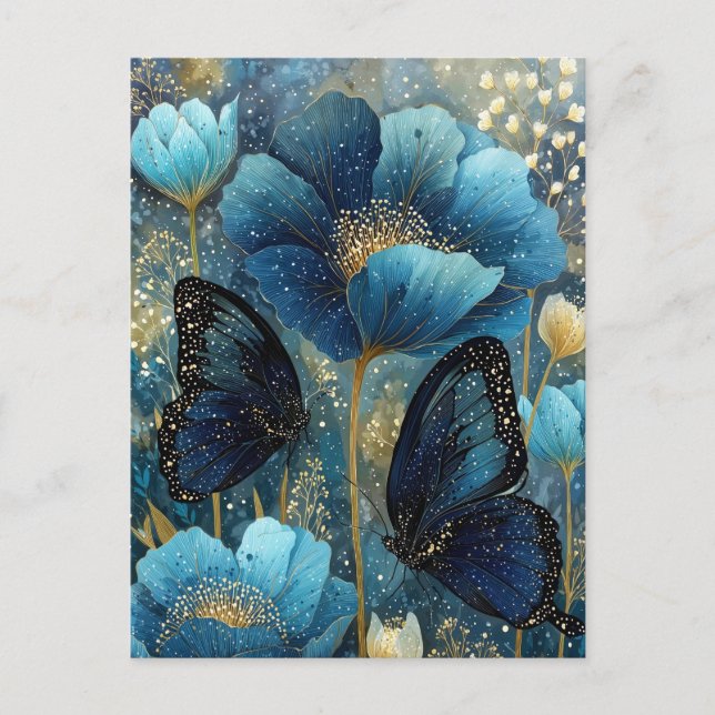 Navy Blue and Gold Butterfly with Teal Flower Postkarte (Vorderseite)