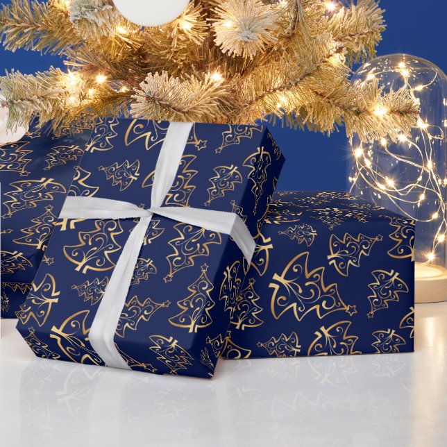 Navy Blue and Gold Elegant Christmas Trees Geschenkpapier (Feiertage)