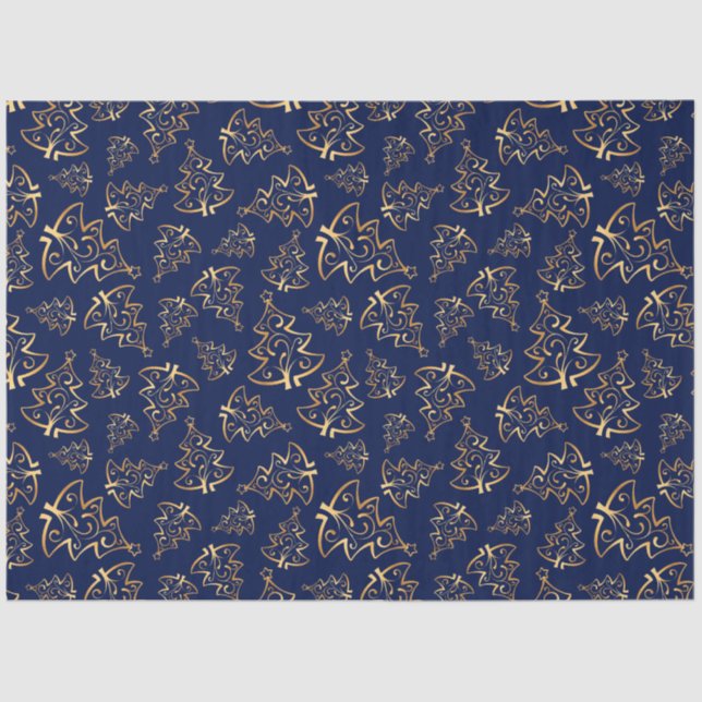 Navy Blue and Gold Elegant Christmas Trees Seidenpapier (Vorderseite)
