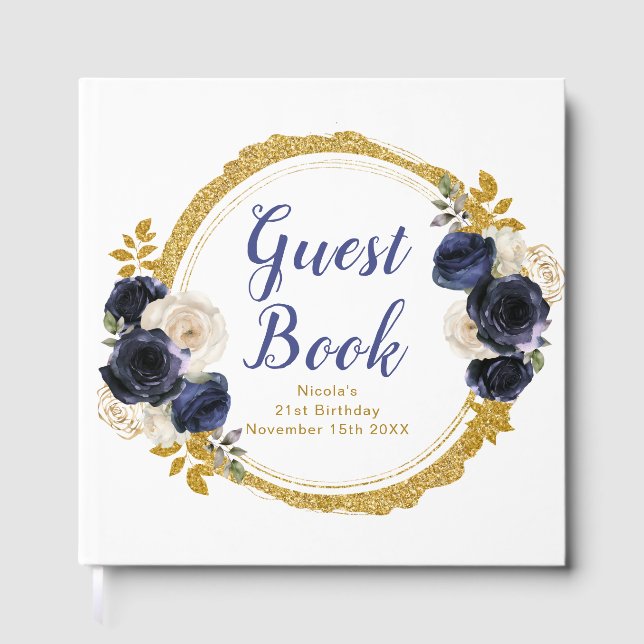 Navy Blue and Gold Elegant Flowers Birthday Party Gästebuch (Vorderseite)
