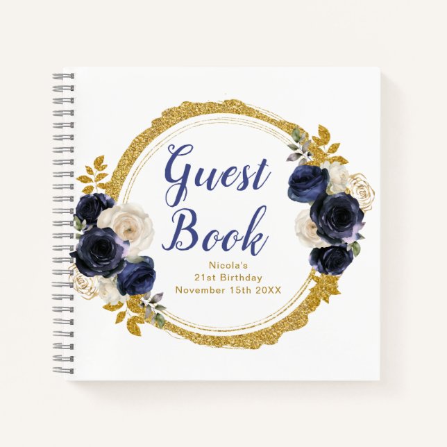 Navy Blue and Gold Elegant Flowers Birthday Party Notizbuch (Vorderseite)