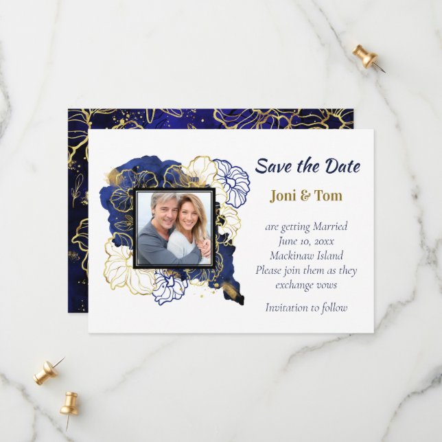 Navy Blue and Gold Floral Foto Save the Date (Vorderseite/Rückseite Beispiel)