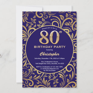 Navy Blue and Gold Floral Pattern am 80. Geburtsta Einladung