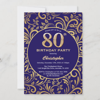 Navy Blue and Gold Floral Pattern am 80. Geburtsta Einladung