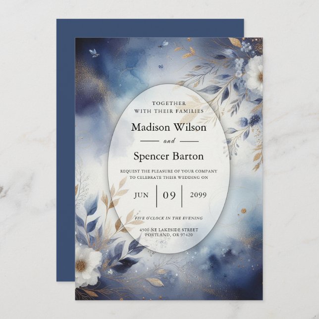 Navy Blue and Gold Floral Wedding Einladung (Vorne/Hinten)
