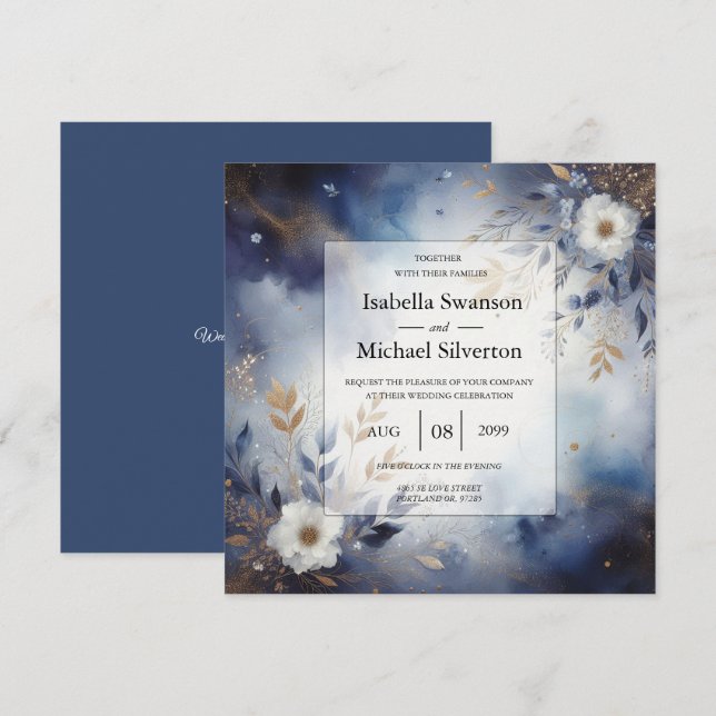Navy Blue and Gold Floral Wedding  Einladung (Vorne/Hinten)