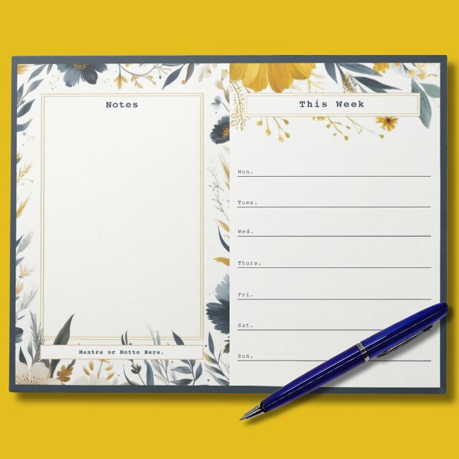 Navy Blue and Gold Floral Weekly Calendar Notepad Notizblock (Gold and Blue Floral Custom Weekly Calendar with Notes Section)