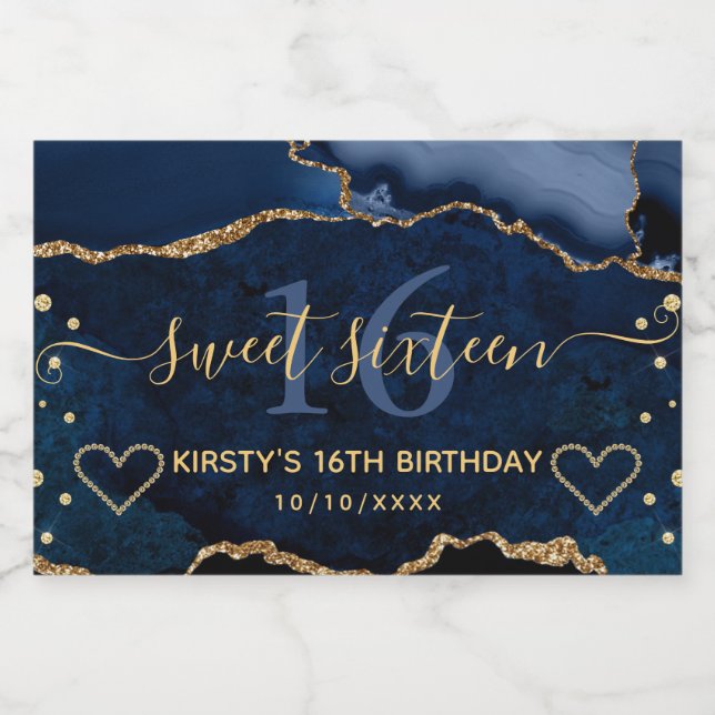 Navy Blue and Gold Glitzer Agate Marble Sweet 16 (Einzelnes Label)