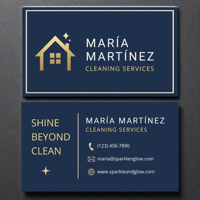 Navy Blue and Gold House Cleaning Services Visitenkarte (Von Creator hochgeladen)
