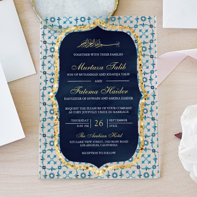 Navy Blue and Gold Moroccan Tile Islamic Wedding Acryleinladungen (Von Creator hochgeladen)