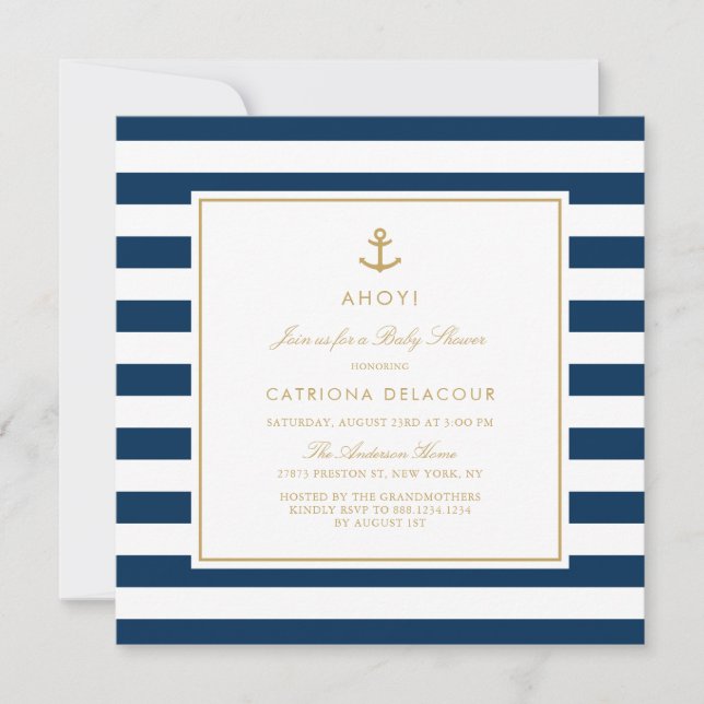 Navy Blue and Gold Nautical Stripes Baby Dusche Einladung (Vorderseite)