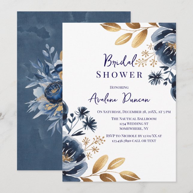 Navy Blue and Gold Peony Bridal Shower Einladung (Vorne/Hinten)